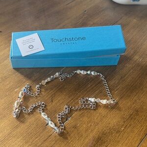 Touchstone Crystal Silver Chain Necklace with White Pearlescent Beads